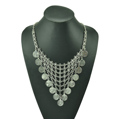 N-5122  Silver Coin Necklace Turkish Flower Chainmail Coin Collar Cleopatra Choker Kuchi Afghan Belly Dancer Tribal Chic Gypsy Boho coin