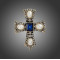 P-0138  European Style Golden Alloy Pearl Rhinestone Blue Crystal Cross Pin Brooch