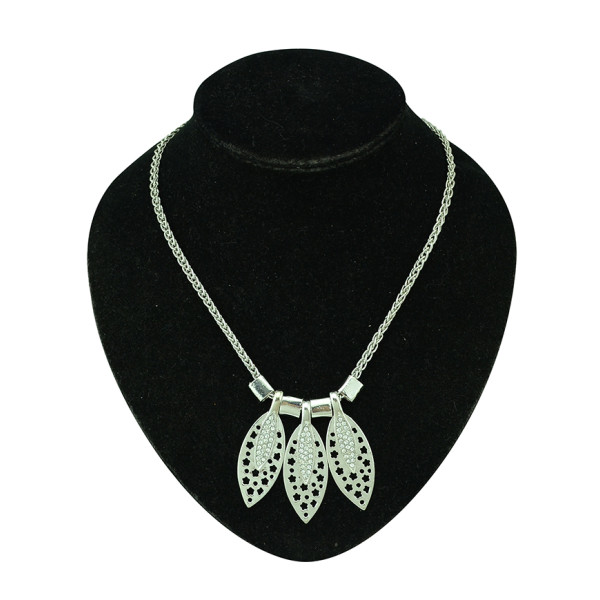 N-5130  Silver Metal Hollow Out Flower Rhinestone Leaf Pendant Earring Necklace Jewelry Set
