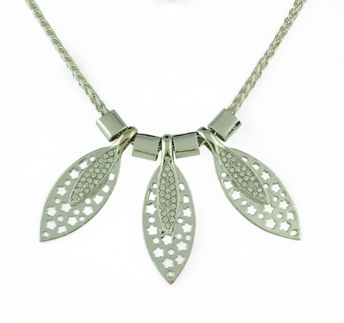 N-5130  Silver Metal Hollow Out Flower Rhinestone Leaf Pendant Earring Necklace Jewelry Set