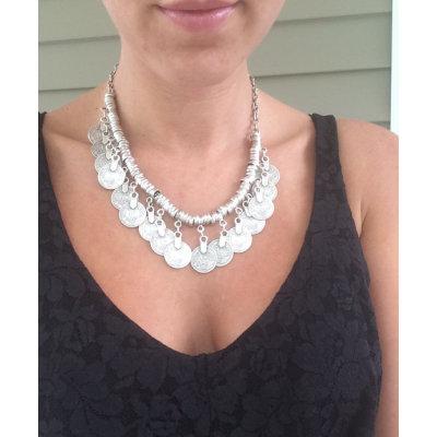 N-5115 Silver TURKISH Carving Hollow Out Coin Necklace Rhinestone floral design. Boho Gypsy Beachy Ethnic Tribal Festival Jewelry Turkish Bohemian