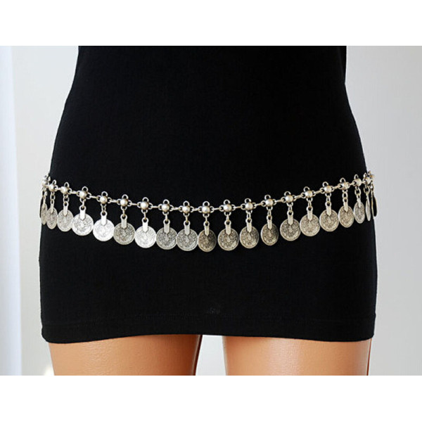 N-5137 Gypsy Silver Metal Dangle "Coins" Belly Chain, Silver Metal Dangle "Coins" Belly Chain,43/57 pieces coins, Hippie Boho Bohemian Shimmy Belt,belly dance belt chain/body chain/belly chain