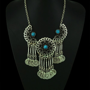 N-5051 Gypsy Bohemian Beachy Chic Statement Necklace, Boho Festival Silver, Fringe Bib, Coin, Ethnic, Turkish, India, Tribal,
