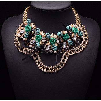 N-5148  Gold Plated Double Chain Rhinestone Crystal Leaves Pearl Bow Rose Flower Skull Statement Necklace