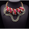 N-5148  Gold Plated Double Chain Rhinestone Crystal Leaves Pearl Bow Rose Flower Skull Statement Necklace