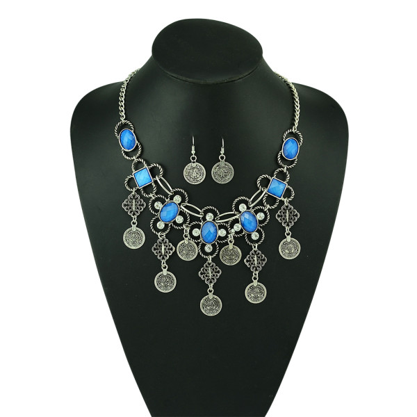 N-5159  Bohemian style gold silver coin tassel gem stone clover flower necklace earrings set,boho,gypsy,ethnic statement necklace set
