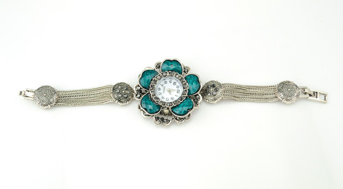 B-0411 Hot Sale Fashion & Casual Antique Silver Wide Layered Chain Big Vogue Flower Bracelet Quartz  Wristwatches Clock