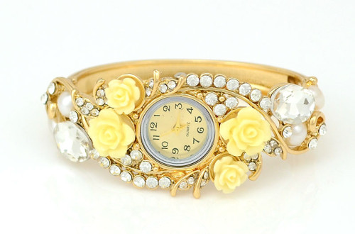 B-0419  Hot Sale European Fashion Style Watch Women Bracelet Charming Rhinestone Crystal Rose Flower Alloy Bracelets wristwatch Clock