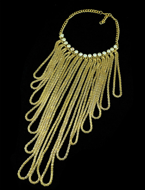 N-5173 European Style Fashion Rhinestone Gold Plated Wide Chain Tassels Ball   Statement Chunky Necklace
