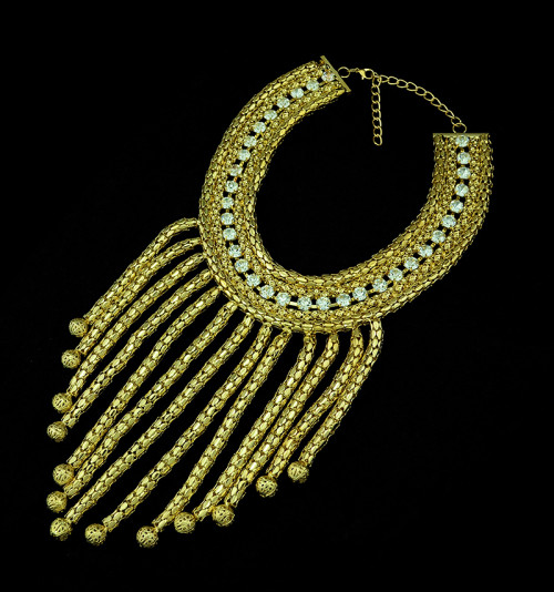 N-5174 European Style Gold Wide Facted Clearly Stone Chunky Statement Metal Tassel Ball collar Bib Luxury Necklace