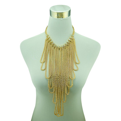 N-5173 European Style Fashion Rhinestone Gold Plated Wide Chain Tassels Ball   Statement Chunky Necklace