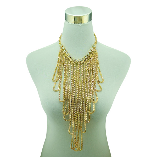 N-5173 European Style Fashion Rhinestone Gold Plated Wide Chain Tassels Ball   Statement Chunky Necklace