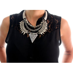 N-3777 European Style Vintage Silver Alloy Carving Flower Rivets Tassels Chains Triangle Pendant Necklace