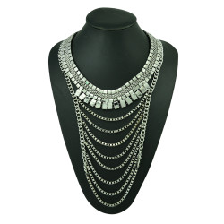 N-5187   European  Style Silver Gold Plated Metal Wide Chain Multilayer Tassel Crystal rhinestone chunk statement  Necklace  Jewelry