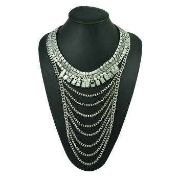 N-5187   European  Style Silver Gold Plated Metal Wide Chain Multilayer Tassel Crystal rhinestone chunk statement  Necklace  Jewelry