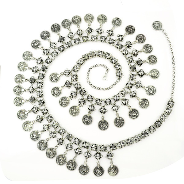 N-5178  Turkish Gypsy Silver Metal Handmade Floral Boho Beachy Ethnic Tribal Festival Jewelry Coin Belt Belly Body Chain Waist 1m
