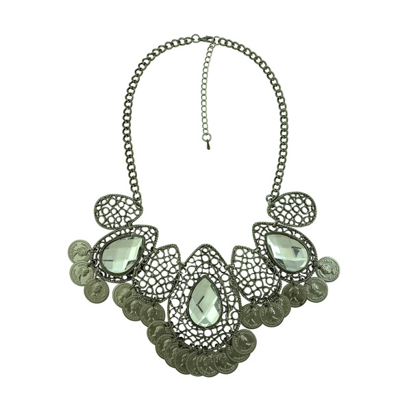 N-5207   Turkish Fashion Vintage Style Handmade Boho Hollow Out Drop Crystal Coin Necklace Metal Festival Costume