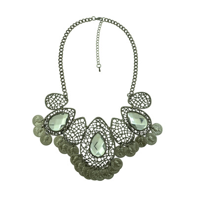 N-5207   Turkish Fashion Vintage Style Handmade Boho Hollow Out Drop Crystal Coin Necklace Metal Festival Costume