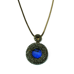 N-5203   vintage style bronze snake link chian big round charms rhinestone blue crystal pendant long necklace