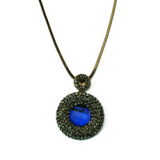 N-5203   vintage style bronze snake link chian big round charms rhinestone blue crystal pendant long necklace