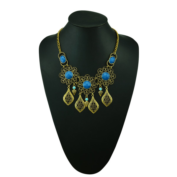 N-5215  Vintage silver alloy round african gem stone bead howllow out flower rivets pendants necklaces for women