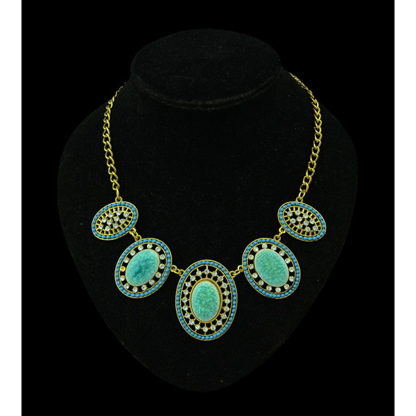 N-5220  Vintage Golden Alloy Rhinestone Ellipse  burst Stone Necklace