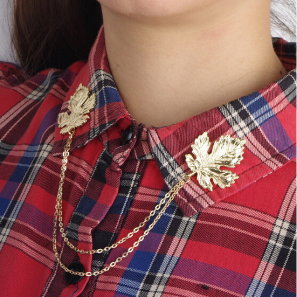 P-0151 Korea style gold/silver alloy leaf chain metal collar pin collar brooch