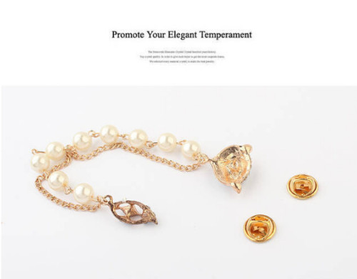 Korea style gold plated  alloy fox pearl chain rhinestone pin collar brooch
