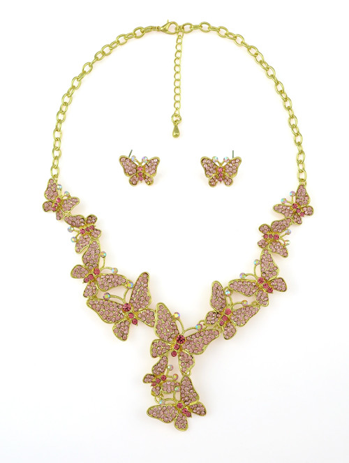 N-5221  Silver Golden Alloy Rhinestone Butterfly Earring Necklace Jewelry Set