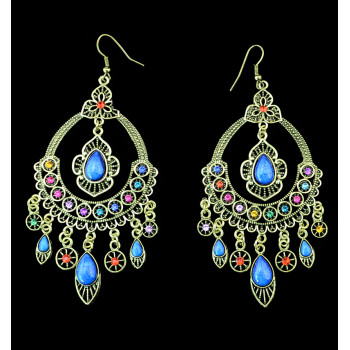 E-3318 New Arrival Vintage Ethnic Women Gold Plated Multicolor Rhinestone & Resins Large Dangling Earrings Jewelry