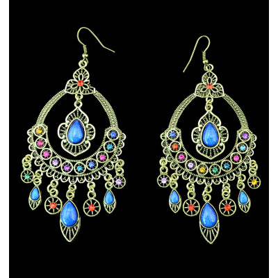 E-3318 New Arrival Vintage Ethnic Women Gold Plated Multicolor Rhinestone & Resins Large Dangling Earrings Jewelry