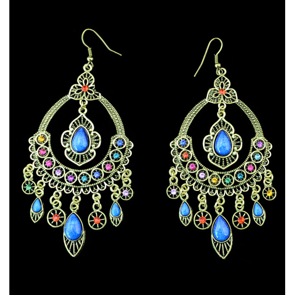 E-3318 New Arrival Vintage Ethnic Women Gold Plated Multicolor Rhinestone & Resins Large Dangling Earrings Jewelry