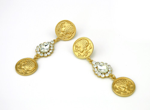 E-3307 European vintage fashion yellow gold head portrait coin pendants dangle earrings rhinestone tear drop earrings for women