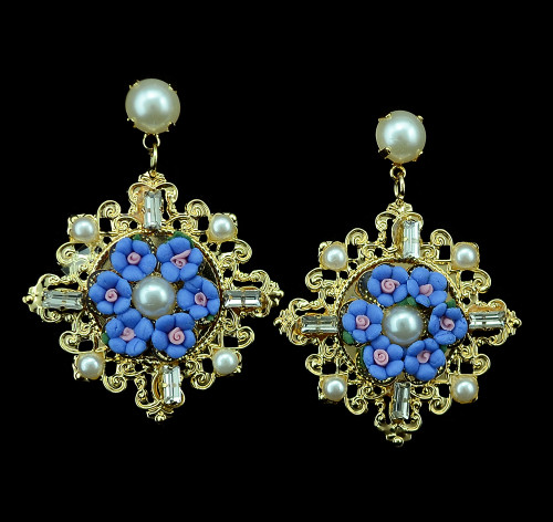 E-3348 Baroque fashion style gold plated Clear crystal Pearl Flower Dangle earrings