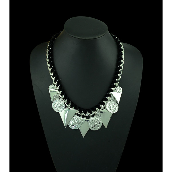 N-5227 fashion silver plated alloy waist black ribbon chain triangle head photo coin pendant choker necklace