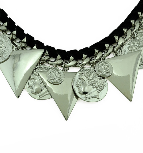 N-5227 fashion silver plated alloy waist black ribbon chain triangle head photo coin pendant choker necklace
