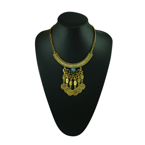 N-5231 fashion silver plated alloy crescent rhinestone hollow out flower coin fringe choker necklace earring set