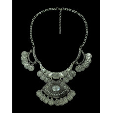 N-5225 Bohemian Antalya Medium Carving Rhinestone Large Pendants Coin Collar Fringe Chain Necklace Silver Gypsy Statement Boho Festival Turkish Jewelry Ethnic