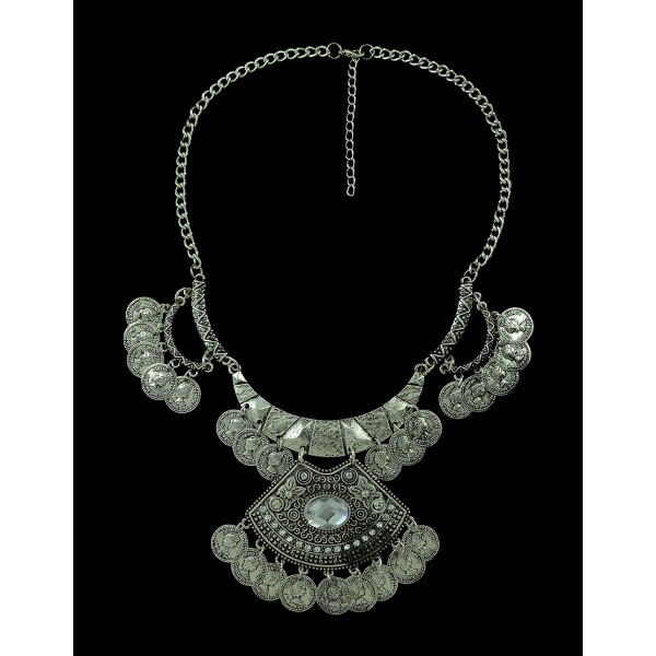 N-5225 Bohemian Antalya Medium Carving Rhinestone Large Pendants Coin Collar Fringe Chain Necklace Silver Gypsy Statement Boho Festival Turkish Jewelry Ethnic