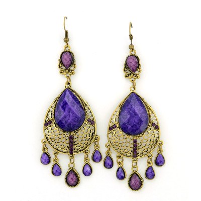 E-3352 Bohemian Style Golden Rhinestone Acrylic Drop Gem Hollow Out Dangle Earring