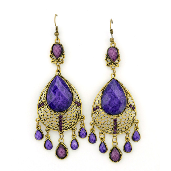 E-3352 Bohemian Style Golden Rhinestone Acrylic Drop Gem Hollow Out Dangle Earring