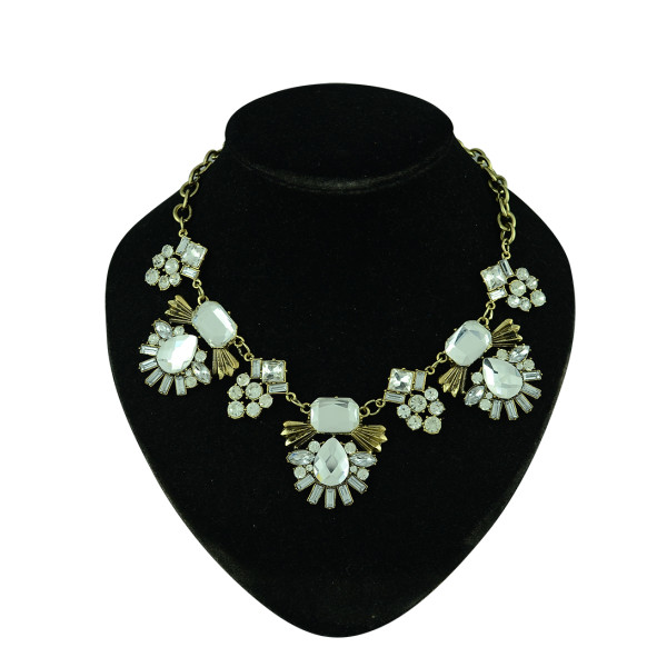 N-5234 European Bronze Metal Crystal Flower Drop Statement Necklace