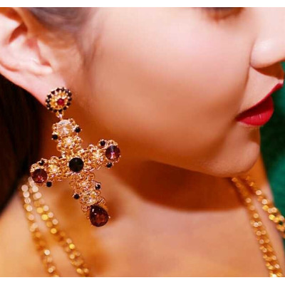 E-3333 Baroque luxury yellow gold plated crystal cross drops earrings pearl flower dangle earrings for women