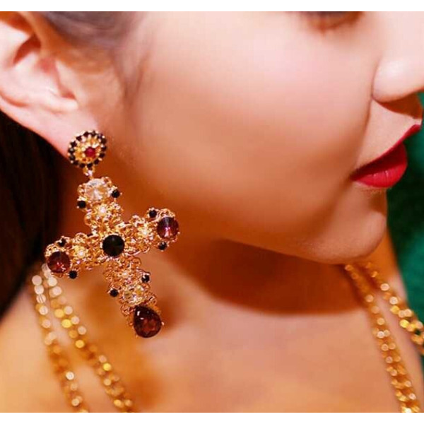 E-3333 Baroque luxury yellow gold plated crystal cross drops earrings pearl flower dangle earrings for women