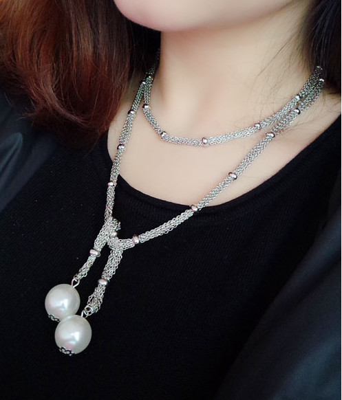 N-5264  European Fashion Jewelry Silver Gold Plated Alloy Figaro Chain White Flat Pearl Pendant Long Necklace