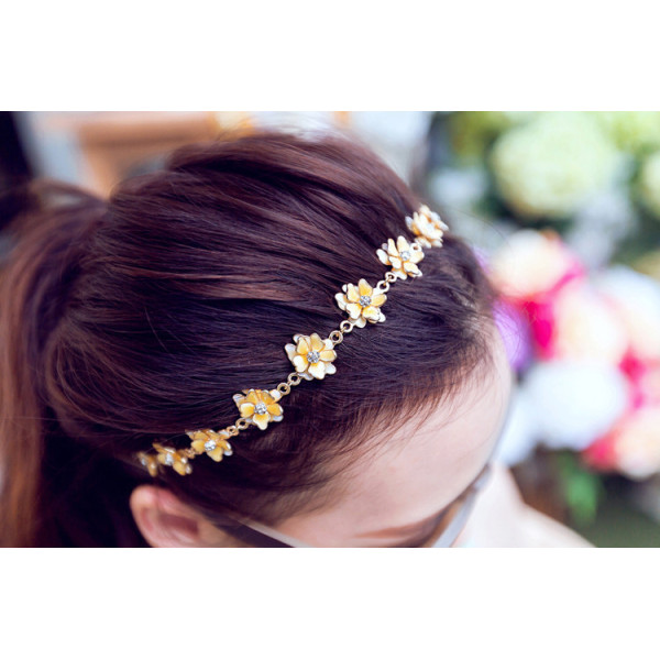 F-0199  Europea Style Gold Plated Alloy Yellow Enamel Rhinestone Flower Rhinestone Hairband