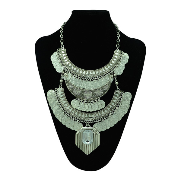 N-5292 European Vintage Style Carving Flower Moon Coin Tassels Crystal Necklace