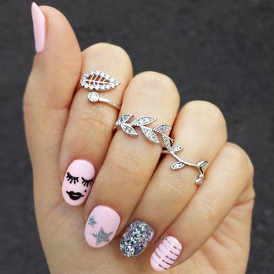 R-1163 2015 Korea fashion retro gold silver plated flower leaf leaves rhinestone crystal joint finger punk Ring set jewelry for women 3pcs/set
