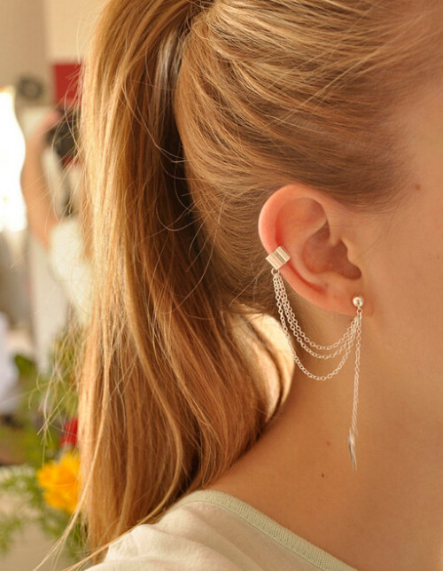 E-3373 Trendy Leaf Tassel Chain Ear Cuff Gothic Punk Style Gold Silver Plated Ear Clip Earring Women Fashion Jewelry
