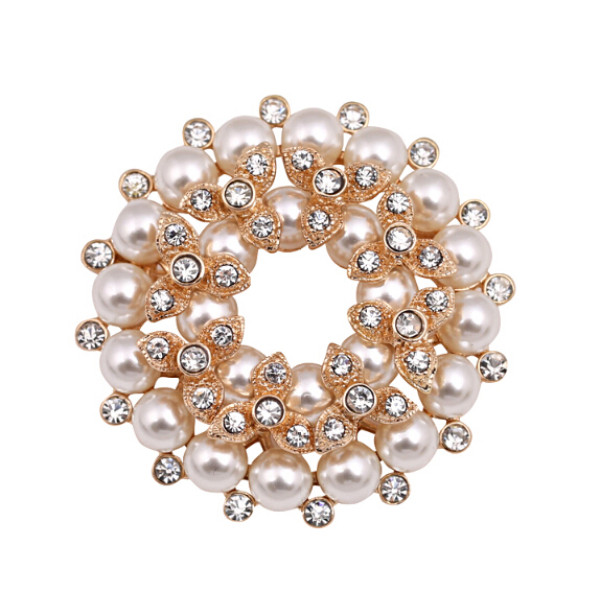 P-0158 European Fashion Jewelry Rhinestone Pearl Brooch Gold plated Flower Brooches For Wedding Bouquets Christmas Gift